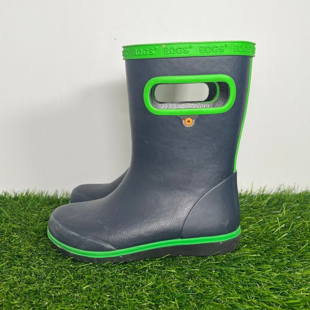 Bogs Kids Rain Boots Size 10 Waterproof Rubber Black Green Pull On Boots